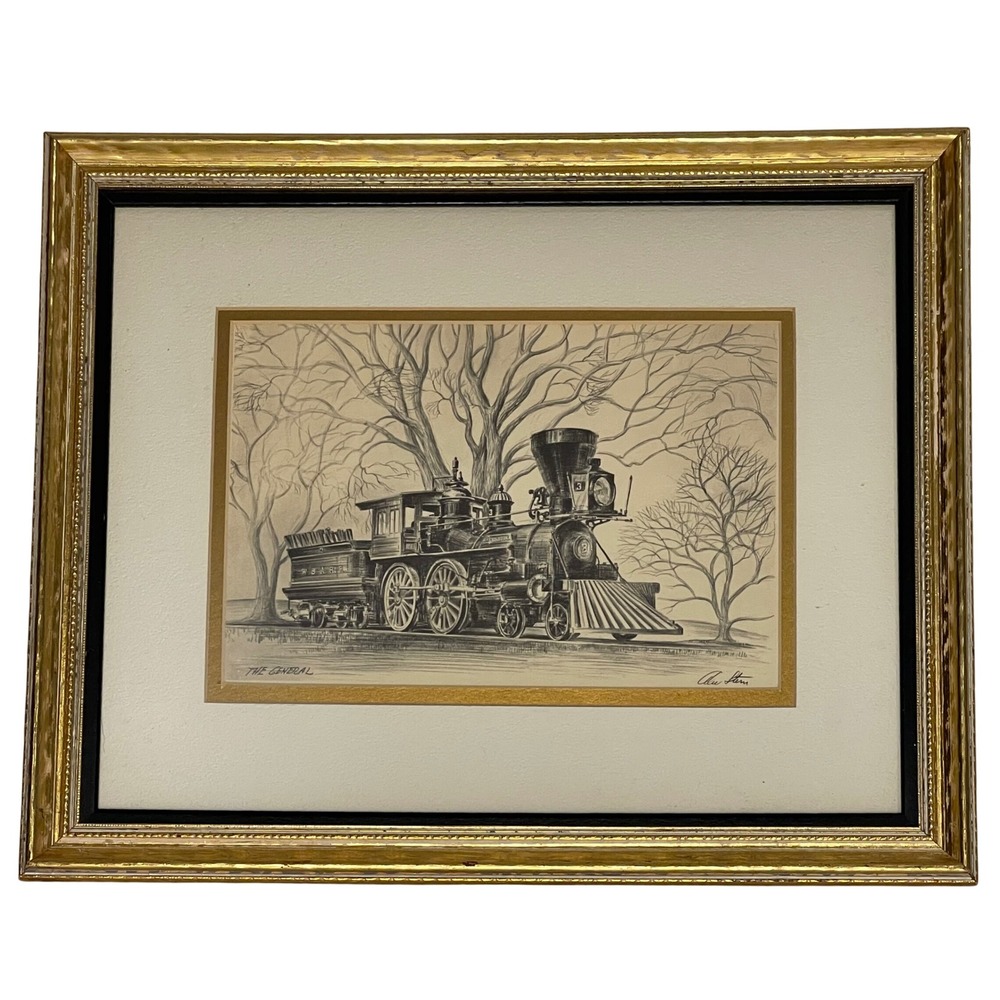 Alec Stern The General W.& A.R.R. Locomotive Pencil Drawing Framed Art 15x12
